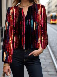 Glamance Warp Atelie Women Multicolor Blouses Long Sleeve Notched Casual Colorblock,All Over Print,Plain Summer Outfits For Women Summer Tops Going Out - Multicolor - View 6