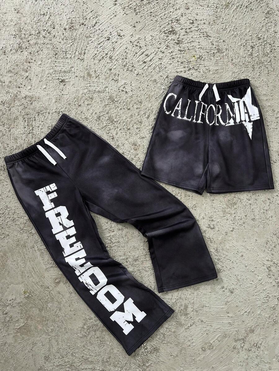 SHEIN Leap Crew 2pcs/Set Tween Boy Casual Loose Letter Print Shorts And Long Pants - Multicolor - View 1