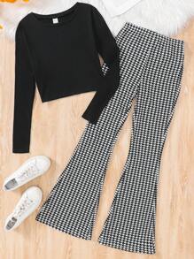 SHEIN Leap Crew 2pcs/Set: Teen Girls Plain Crew Neck Ribbed Tee And Plaid Flare Pants Outfit - Black - View 1