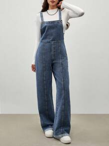 EURMUSE Casual Washed Loose Straight Leg Bib Overall Jeans - Dark Wash - View 1