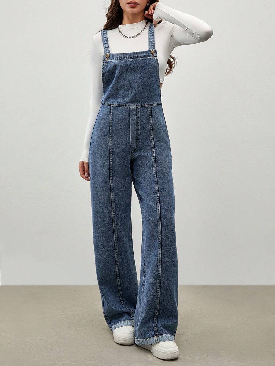 EURMUSE Casual Washed Loose Straight Leg Bib Overall Jeans - Dark Wash - View 1