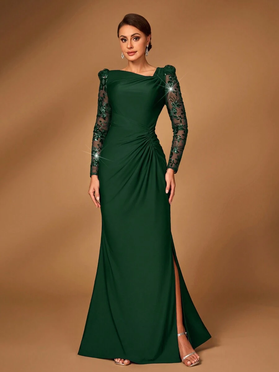 Serin Elegant Splendid Sheer Long Sleeve Floral Embroidery Sequins Patchwork Elastic Ruched Split Mermaid Skirt, Suitable For Wedding, Party, Singles Party, Vacation, Prom, Mother Of The Bride Evening Dress - Dark Green - View 1