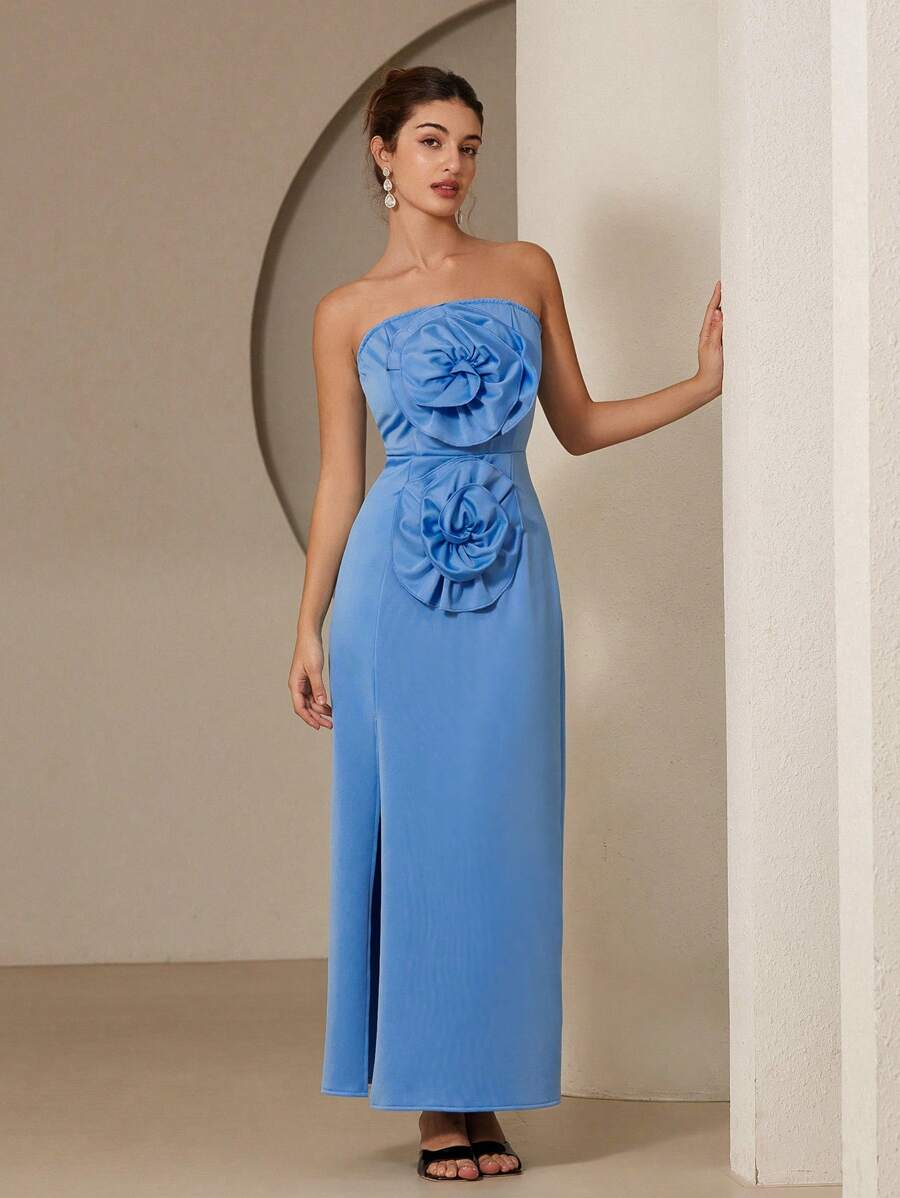 GENKIRA 女式花卉 3D 紧身高开衩连衣裙，收腰时尚，适合派对、情人节、春夏季 - 藍色 - 查看 1