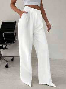 SHEIN Tall Women's Solid Seam Slant Pocket Casual Wide Leg Pants - White - View 4