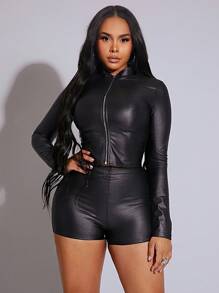 BamGleam Women's Sexy Fitted Street Style Long Sleeve Jacket + High Waist Bodycon Shorts Suit, Winter Fall Cloth For Women