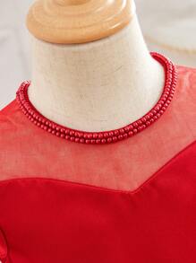 Baby Girl Elegant Simple Elegant Crew Neck Patchwork Ruffle Hem Sleeveless Mid-Length Dress - Red - View 3