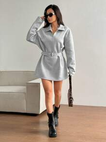 SHEIN Unity Vestido sudadera con cuello de cremallera, estilo universitario sencillo - Gris Claro - Ver 6