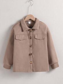 Tween Girl Plain Color Long Sleeve Single Breasted Casual Jacket, Autumn/Winter - Khaki - View 1