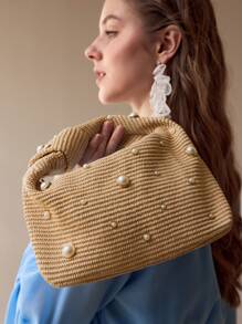 MOTF PREMIUM 女士仿珍珠串珠拉链顶部提手包