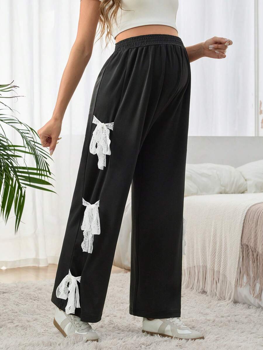 SHEIN Lace-Up Maternity Wide Leg Loose Casual Pants - Black - View 1