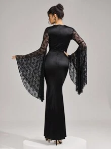 SHEIN Belle Women's Elegant Mixed Material Hollow-Out Waist Fitted Bodycon Dress Sequin Lace Boat Neck Ruffle Trim Mermaid Hem Satin Evening Party Formal Prom - Black - View 2