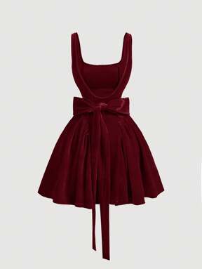 SHEIN MOD Vestido de Navidad rojo de terciopelo vintage para mujer