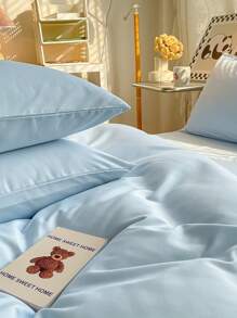 3件套100%涤纶北欧简约纯色被套组，2个枕套+1个被套（不含床单） - 藍色 - 查看 5