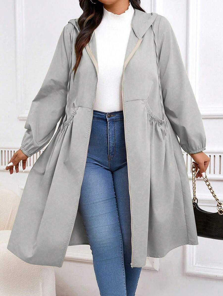 SHEIN LUNE Plus Size Solid Color Drawstring Hooded Coat, Casual Autumn