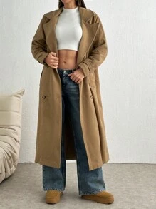 SHEIN Tall Double Breasted Button Detailed Drop Shoulder Long Overcoat - Rust Brown - View 3