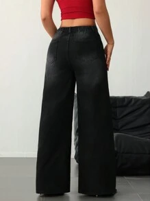 SHEIN Tall 女士牛仔裤 高腰女士牛仔裤 黑色低腰宽松闪亮水钻牛仔裤 牛仔裤 闪亮牛仔裤 宽松女士牛仔裤 低腰宽松牛仔裤 女士下装 亮片裤 闪光裤 高腰女士裤子 特卖 - 黑色 - 查看 2