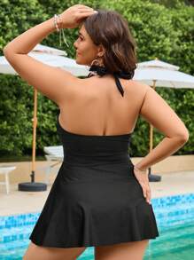 SHEIN Swim Curve Plus Size Feminino 2 peças Conjunto Vestido de Praia Sem Costas Com Decote Em V, Emagrecimento E Modelagem, Vestido de Maiô com Babados de Alta Qualidade Verão - Preto - Ver 2