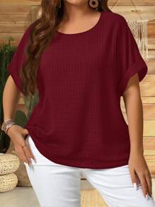 EMERY ROSE Chemise d'été casual ample en couleur unie et texture, avec manches chauve-souris, tailles plus grandes - Rouge - Voir 5