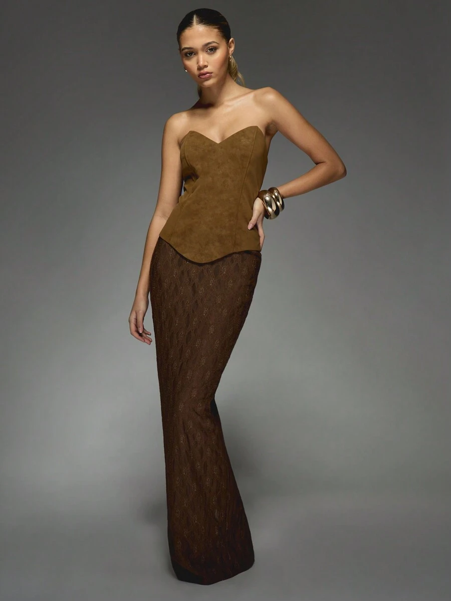 MISSGUIDED Back Slit Lace Maxi Skirt - Brown - View 1