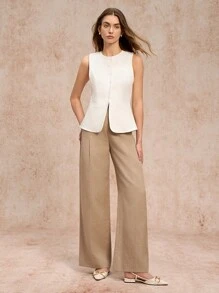 Poéselle 女士纯色圆领无袖单排扣休闲衬衫 - 白色 - 查看 2