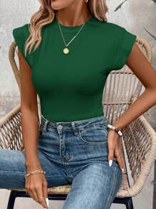SHEIN LUNE Bộ đồ liền thân cổ tròn màu trơn đơn giản cho nữ, mặc thường ngày - Màu xanh lá cây đậm - Xem 6