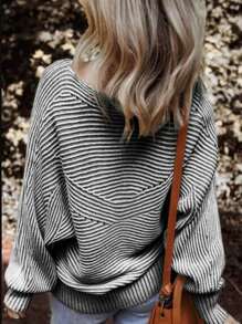 INAWLY Women Striped Crew Neck Pullover Sweater, Autumn/Spring Apparel