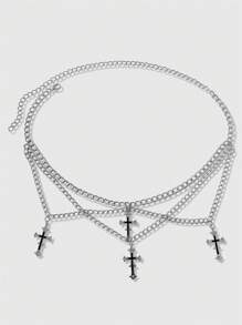ROMWE 1pc Women Gothic Style Cross Decor Chain, Silver & Black Color, Versatile Accessory For Dresses, Halloween - Silver - View 3