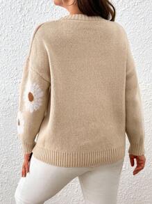 SHEIN LUNE 加大码白色碎花圆领毛衣，秋冬针织套头衫 - 彩色 - 查看 2