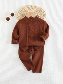 Cozy Pixies 2pcs/Set Toddler Coffee/Camel Solid Color Soft Knit Cable Round Neck Long Sleeve Sweater & Pants Set, Warm & Elegant British Style For Baby Boy/Girl, Casual/Outdoor/Homewear - Brown - View 3