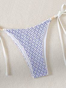Summer Swim Mod Women Solid Textured Fabric Side Tie Bikini Bottom - Blue and White - View 4