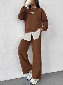 EURMUSE Cotton Fashionable Patchwork Sweatshirt & Sweatpants Set - Brown - View 5