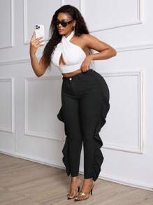 Plus Size Women Jeggings With Ruffle Sides, Black - Black - View 3