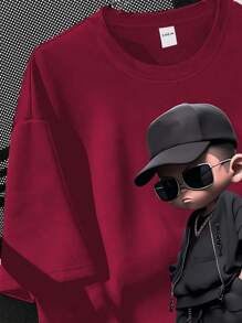 SHEIN Leap Crew Tween Boys' Casual Minimalist Crew Neck Short Sleeve T-Shirt, Suitable For Summer - Red - View 3