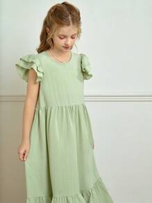 Wildeya Elegantes, minimalistisches Kleid für Tween Mädchen mit Jacquard-Textur und Volantärmeln, geeignet für Sommer und Frühling, für Ausflüge, Dates und Ferien
