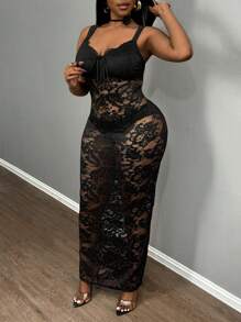 Slaydiva 优雅性感黑色无袖蕾丝透明长裙，适合派对、约会、情人节、加大码 - 黑色 - 查看 6