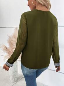 SHEIN Clasi Blusa elegante de manga larga con cuello en V, parches de lentejuelas y malla para mujer