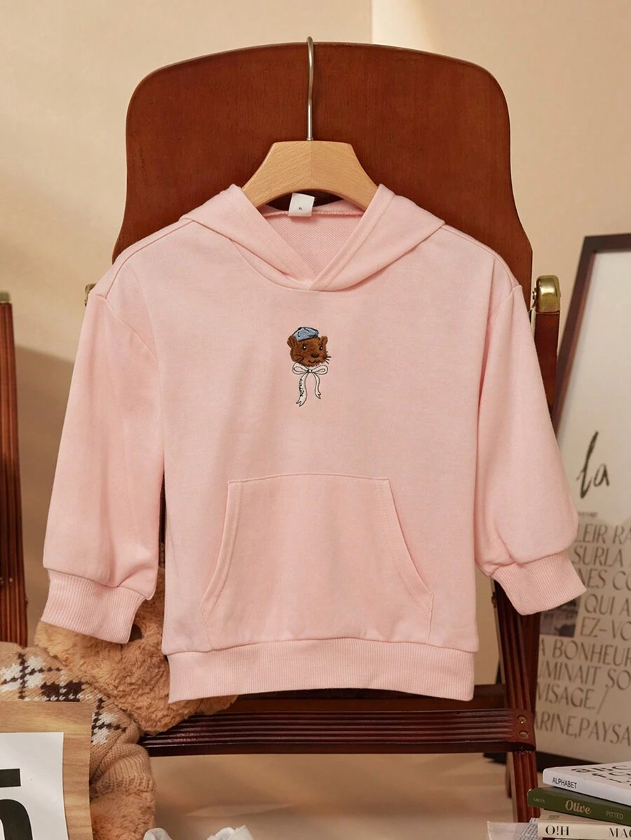 SHEIN Young Girls Embroidered Pink Sweatshirt Knit Long Sleeve Sweatshirts, Fashion School Style For Back To School Season, Autumn/Winter - Pink - View 1