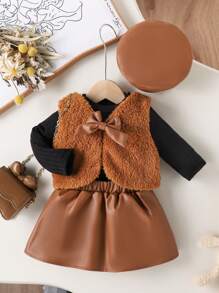 SHEIN 3pcs/Set Baby Girl Elegant Fuzzy Skirt Set With Beret Hat, Autumn/Winter - Brown - View 3