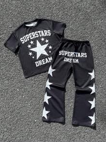 SHEIN Conjunto de 2 peças Camiseta de Manga Curta com Estampa Gráfica e Calça de Moletom Folgada para Meninos Pré-Adolescentes - Preto - Visão 1