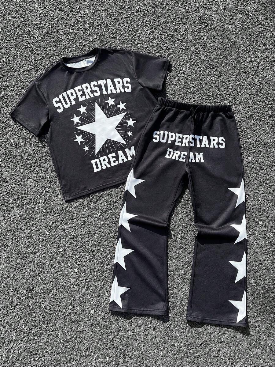 SHEIN Conjunto de 2 peças Camiseta de Manga Curta com Estampa Gráfica e Calça de Moletom Folgada para Meninos Pré-Adolescentes - Preto - Visão 1
