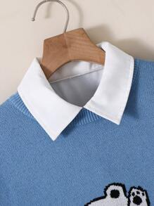 儿童青少年男孩休闲运动猫动物印花圆领针织毛衣，长袖 - 彩色 - 查看 4