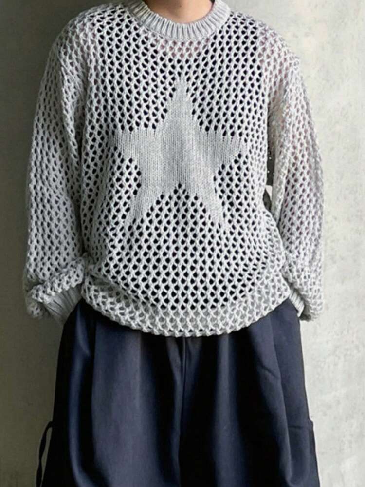 Men's Star Mesh Hollow Out Long Sleeve T-Shirt, Minimalist Fashion Casual For Everyday,Fall Clothes