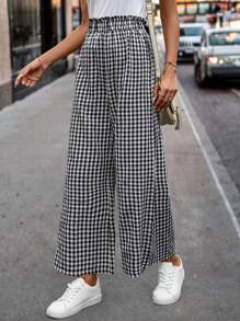 SHEIN Clasi 女款格紋印花紙袋腰休閒寬腿褲-隨機圖案 - 黑與白 - 查看 6