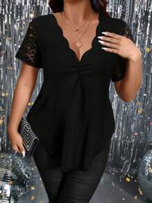 SHEIN Clasi Women's Plus Summer Fashion Lace Sleeve Loose T-Shirt - Black - View 5