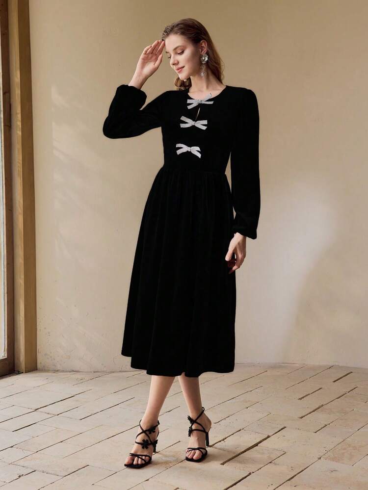 Vestido midi con manga farol y decoración de lazo con strass, outfit para mujer