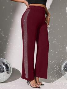 SHEIN Clasi 大码女式闪光侧水钻拼接宽松针织阔腿裤，修身百搭，优雅