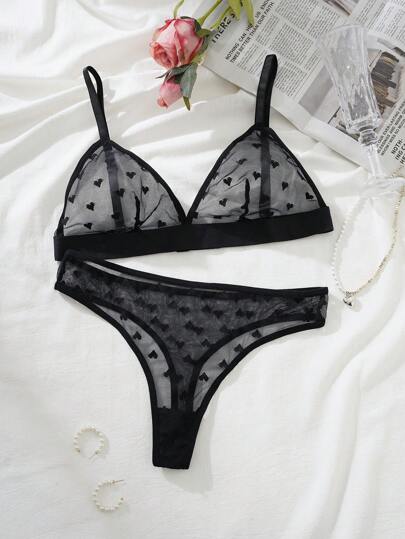 PetitDoll Valentine's Day Sexy Sheer Heart Jacquard Mesh Wireless 2Pcs Lingerie Set