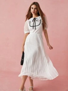 Enchnt 春冬浪漫女士蝴蝶结花卉蕾丝泡泡袖褶边长公主裙，甜美优雅，适合情人节、生日派对、节日、甜蜜约会之夜、鸡尾酒会和舞会 - 白色 - 查看 6