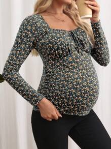 SHEIN Maternity Front Tie Long Sleeve All-Over Print Casual T-Shirt - Multicolor - View 6