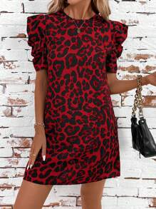 SHEIN Clasi Women Leopard Print Raglan Sleeve Round Neck Straight Mini Dress - Red - View 6